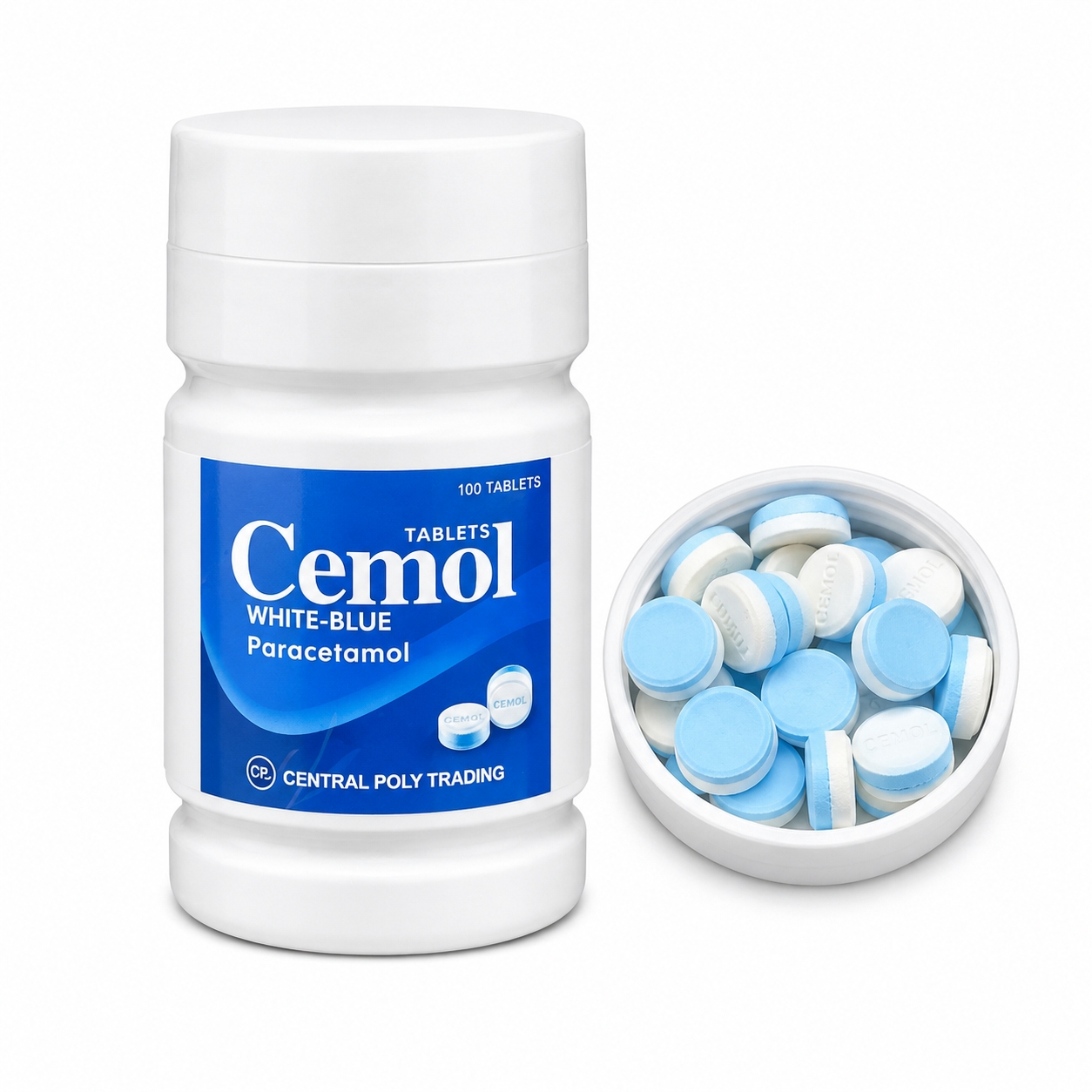 พาราเซตามอล ซีมอล ฟ้า-ขาว | Cemol Paracetamol 500mg Blue-Whtie Tablets กระปุก 100เม็ด
