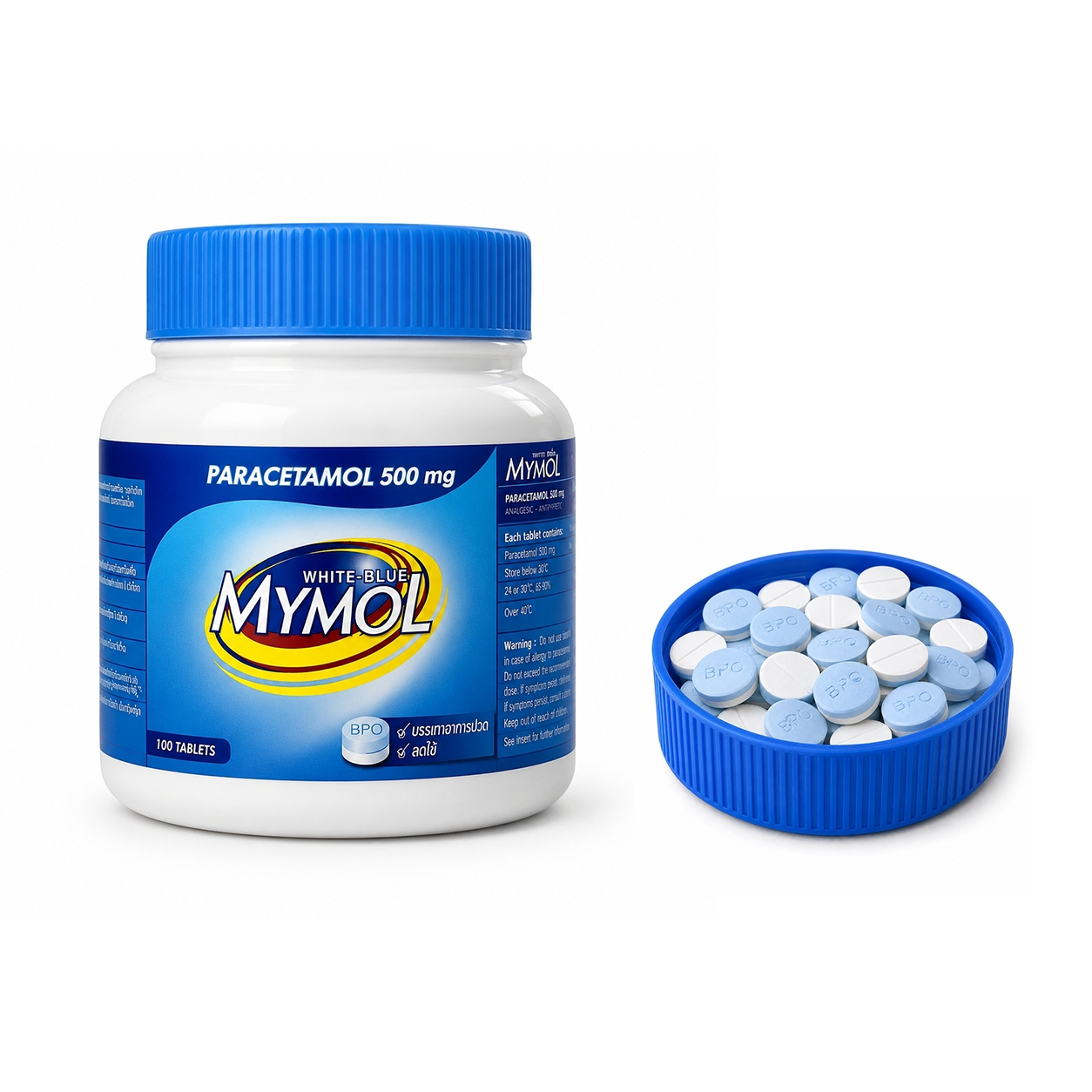 พาราเซตามอล มายมอล ฟ้า-ขาว | Mymol Paracetamol 500mg Blue-Whtie Tablets กระปุก 100เม็ด